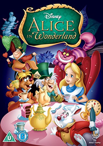 "DVD cover featuring cartoon Alice holding a teacup, blue background, white text."