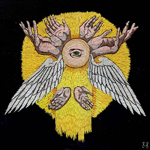 Yellow and white winged figure with many hands and a central eye.