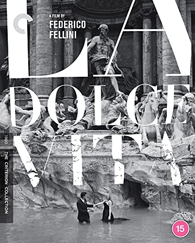 Black and white Blu-ray cover of La Dolce Vita featuring the Trevi Fountain.
