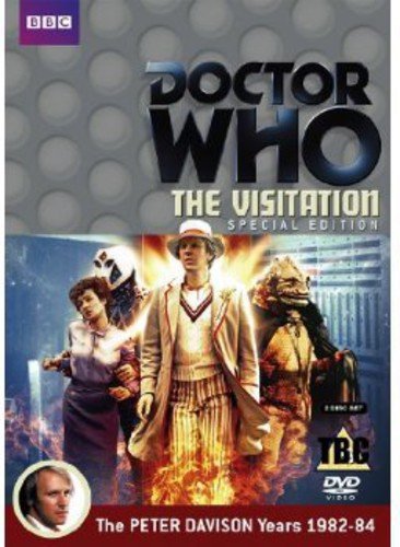 "Doctor Who: The Visitation DVD cover featuring characters from the show, with flames and BBC logo."