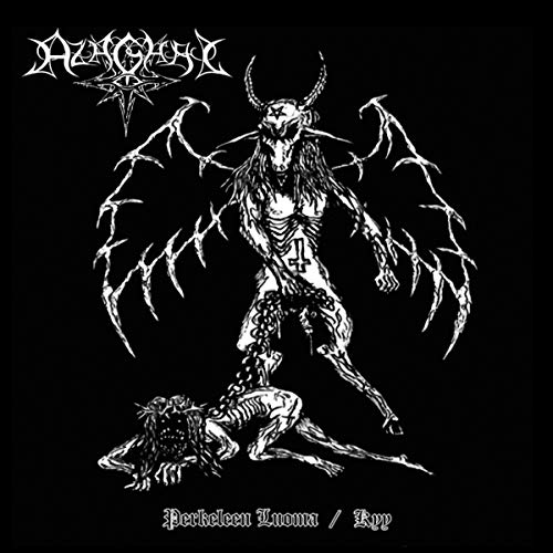 Black metal album cover featuring a demon standing over a corpse.