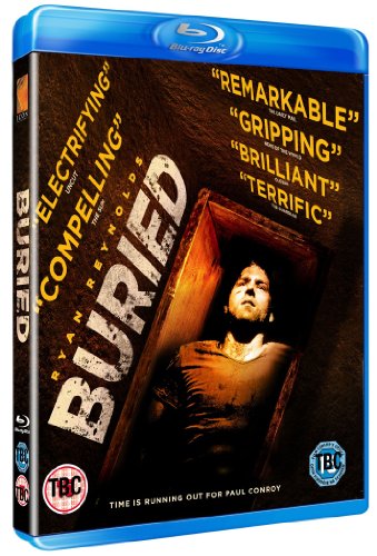 Buried" Blu-ray cover featuring a man trapped inside a wooden coffin.