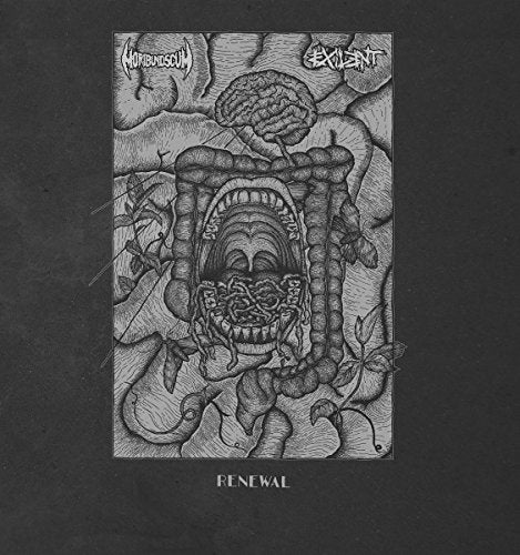 Black and white album cover with grotesque, detailed anatomical illustration.