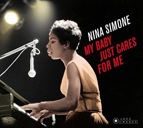 Nina Simone sings into a microphone, playing piano, on a CD cover.