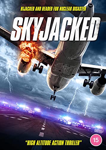 DVD cover for "Skyjacked" showing a damaged plane descending amidst a stormy sky.