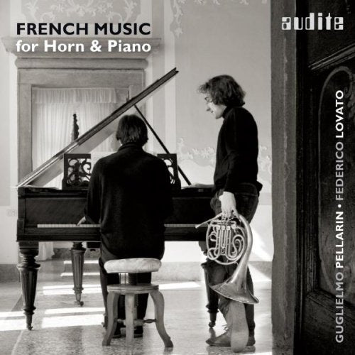 Black and white CD cover with two musicians playing horn and piano.