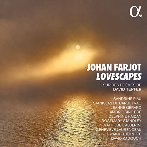 CD cover for "Lovescapes" by Johan Farjot, featuring a sunlit seascape.