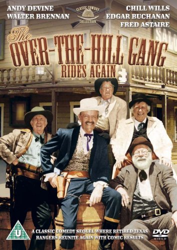 DVD cover for "The Over-the-Hill Gang Rides Again" featuring five cowboys.