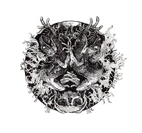 "Black and white illustration of a grotesque face surrounded by flames on a white background."