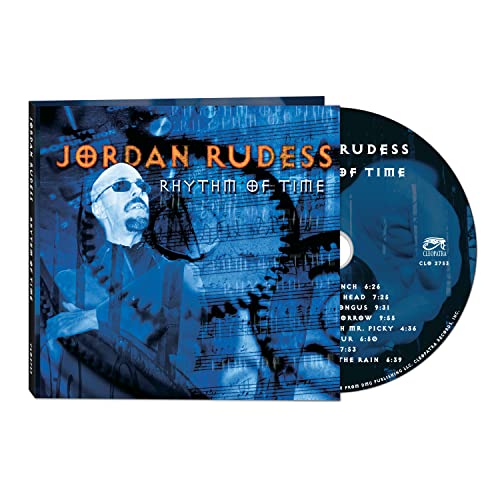 CD case for Jordan Rudess' "Rhythm Of Time" album, blue and silver.