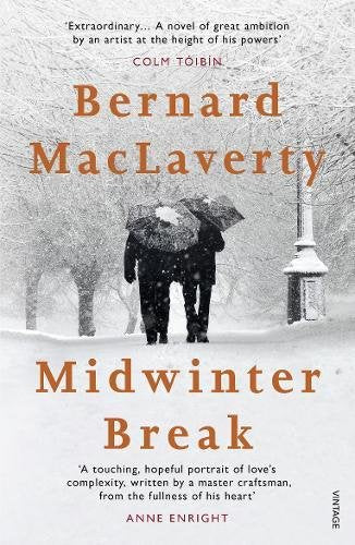 "Book cover of 'Midwinter Break' by Bernard MacLaverty, showing couple under umbrella in snowy scene."