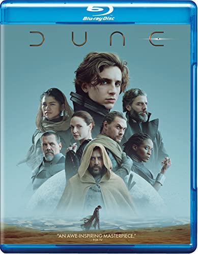 Dune" Blu-ray cover featuring Timothée Chalamet and ensemble cast in desert setting.