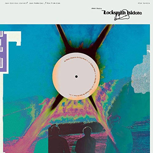"Album cover with abstract, multicolored design, silhouetted figures, and a central vinyl record."