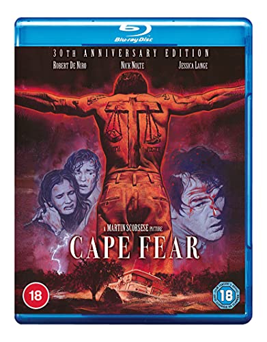 Cape Fear 30th Anniversary Blu-ray cover featuring a tattooed man and film cast.