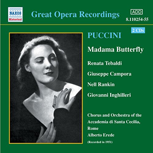 CD cover for Puccini’s *Madama Butterfly* featuring Renata Tebaldi’s portrait.
