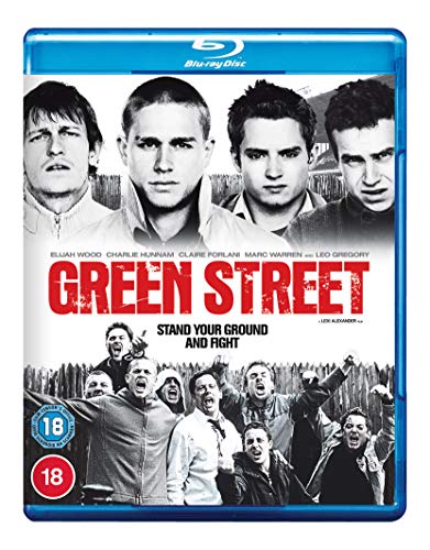 Blue-ray case with black and white image of men and red title "Green Street".