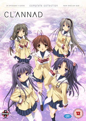 "Clannad DVD cover featuring five anime girls in school uniforms against a purple background."