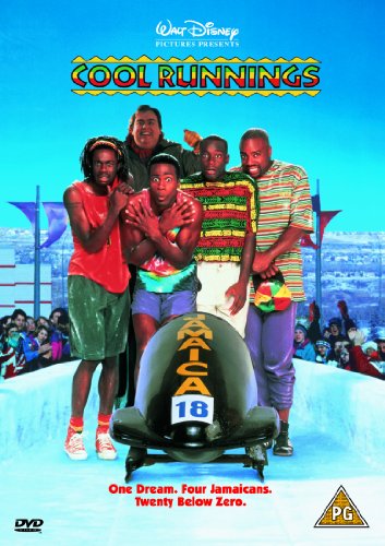 Four men and a bobsled on ice, the DVD cover for the film Cool Runnings.