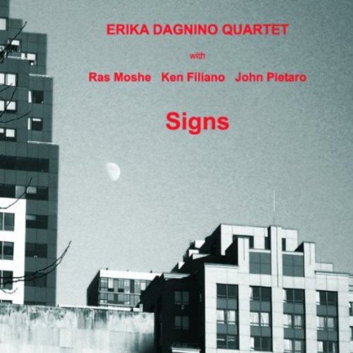 "Album cover with red text on a black-and-white cityscape background."