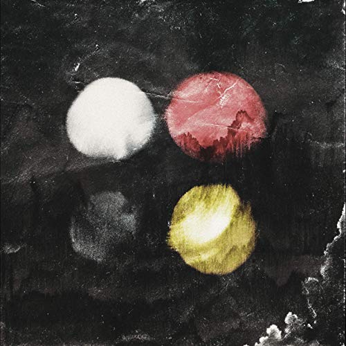 Dark abstract painting with three circular shapes: white, red, and gold.