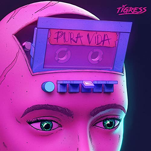 Album cover for Tigress’ “Pura Vida” featuring a face and cassette tape.