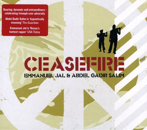 "Album cover with 'CEASEFIRE' in red, featuring silhouettes and abstract white and yellow design."