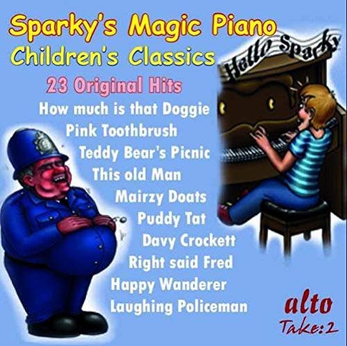 CD cover featuring a policeman, piano, and song titles for children.