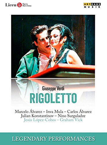 DVD cover featuring a man and woman, with "Rigoletto" written in green text below.