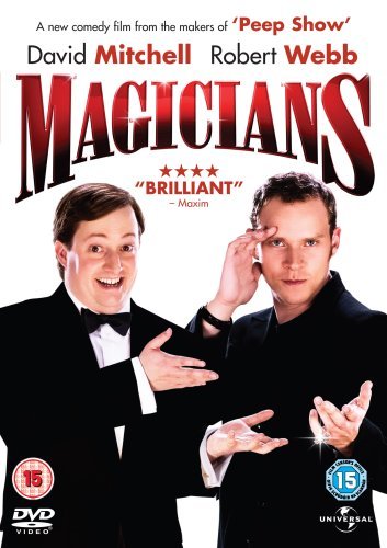 DVD cover for “Magicians” featuring two men in suits performing magic.