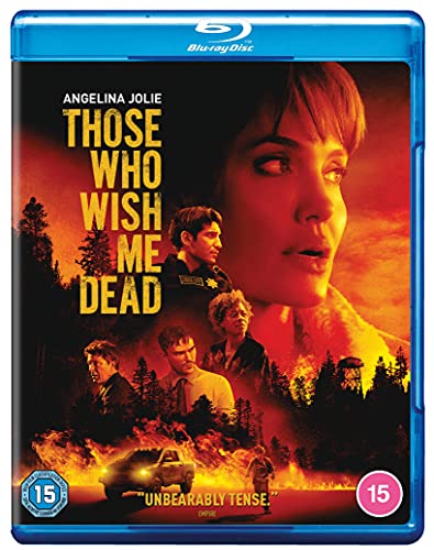 Those Who Wish Me Dead" Blu-ray cover with Angelina Jolie and fiery forest.