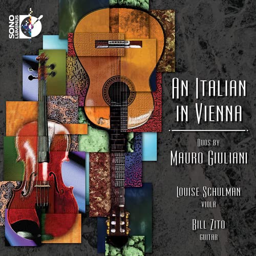 CD cover featuring a guitar and viola against a colorful, abstract background.