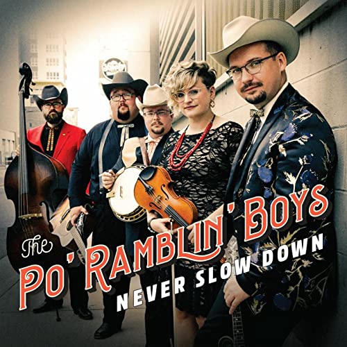 The Po Ramblin Boys band members in hats, album cover for “Never Slow Down.”
