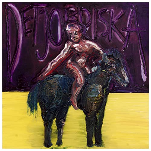 Painted album cover depicting a figure riding a dark horse.