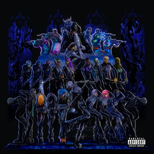 Dark, digital art featuring a group of stylized figures in blue tones.