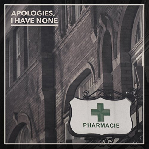 "Album cover with a black-and-white building and pharmacy sign, green cross."