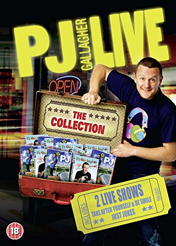 PJ Gallagher holds a suitcase filled with DVDs in this comedy collection DVD cover.