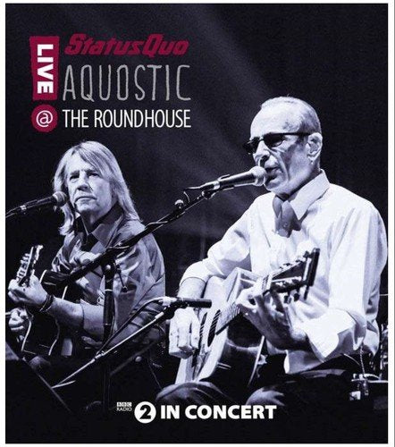 "Black and white image of two men playing guitars and singing into microphones on a disc cover."