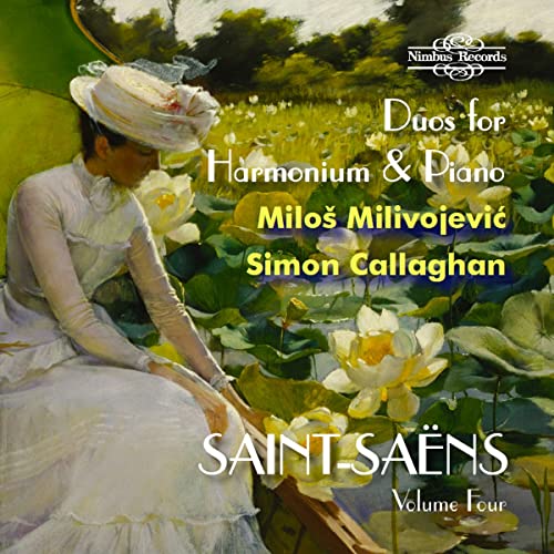 CD cover: woman in white dress among water lilies, text “Saint-Saëns”.