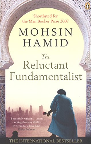 Book cover with balcony scene and New York City skyline at dusk, titled "The Reluctant Fundamentalist".