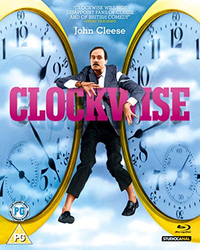 John Cleese stands between two large clock faces on the Clockwise Blu-ray cover.