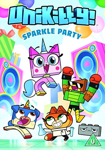 "Colorful cartoon DVD cover featuring Unikitty and friends with speakers and party decorations."