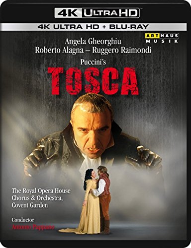 "Bluray cover for 'Tosca' opera featuring a man and embracing couple below."