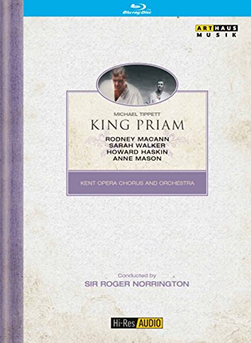 "Blu-ray case cover with 'King Priam' title, featuring performer photos and credits on a beige background."