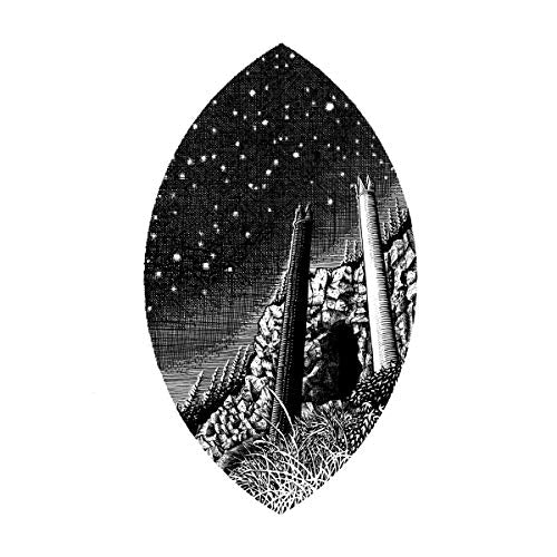 A black-and-white, pointed-oval illustration of a castle ruin under a starry night sky.