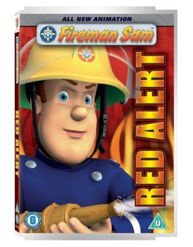 Fireman Sam DVD cover featuring a firefighter with a hose.