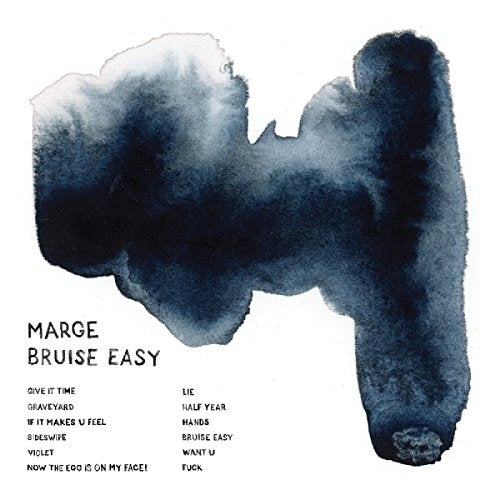 The image is a vinyl record cover with a watercolor design and text. Alt text: Vinyl album cover with dark blue watercolor shape and tracklist on white background.