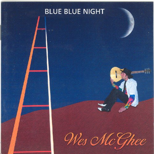 "Album cover with man sitting on hill, holding guitar, under a crescent moon."