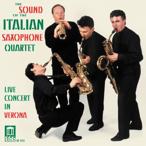 Four saxophone players in black suits, performing live in Verona.