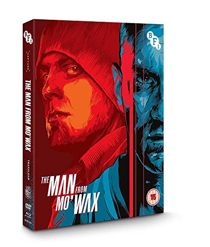 Blu-ray cover for “The Man From Mo’wax” featuring a split portrait in red and blue.