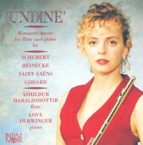CD cover featuring a blonde woman in red holding a flute against a cloudy background.